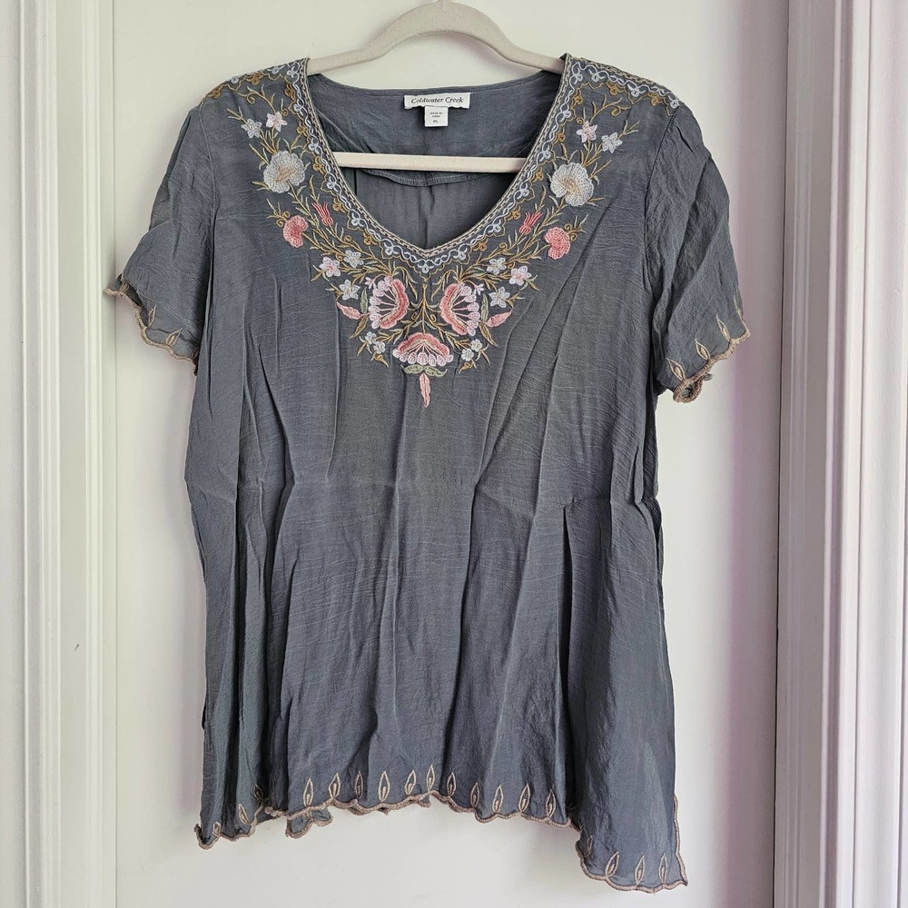 Coldwater Creek Short Sleeve Green Floral Boho Embroidered Blouse Top Petite L